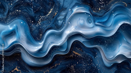   A tight shot of a blue-and-white wave design on a monochromatic black and white background, adorned with golden specks
