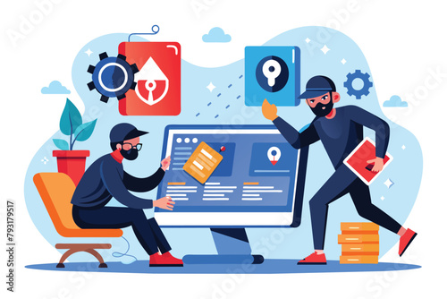 Two men are actively engaged in teamwork, working on a large screen together in an office setting, Hackers break into pc data, Simple and minimalist flat Vector Illustration