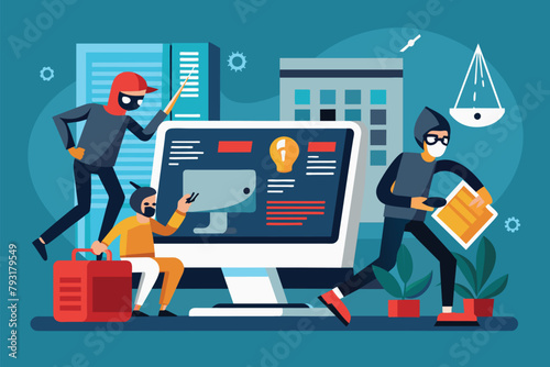 People crowd around computer screen, examining data, Hackers break into pc data, Simple and minimalist flat Vector Illustration