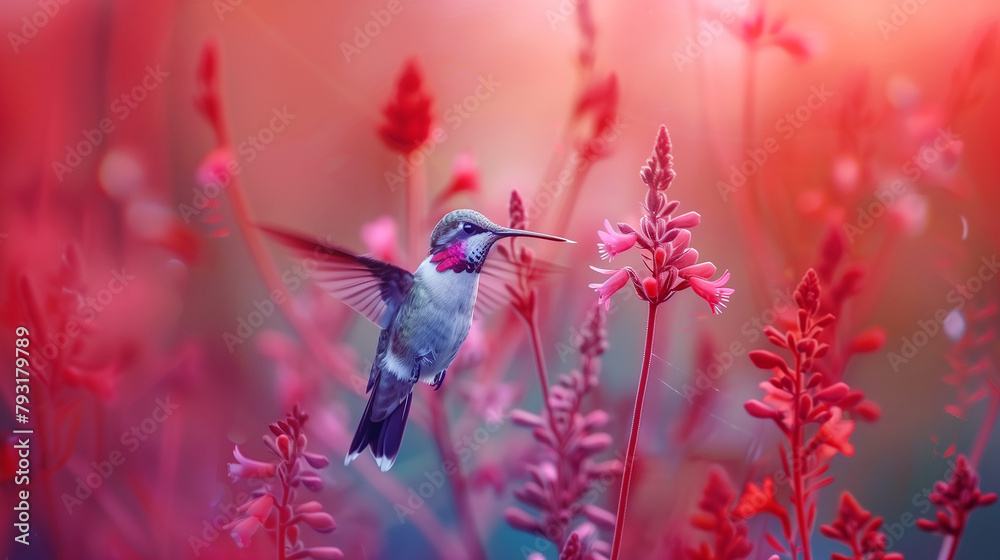 Fototapeta premium kolibri on torch flower in the flower exotic garden,