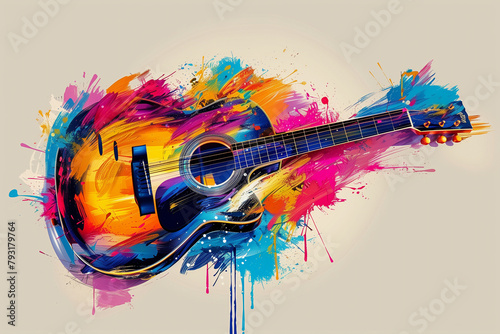 A colorful guitar with a splash of paint on it