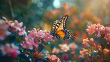 Cool image of morning nature with butterfly against blurred meadow background. Beautiful spring - summer nature wallpaper