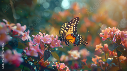 Cool image of morning nature with butterfly against blurred meadow background. Beautiful spring - summer nature wallpaper © ksu_ok