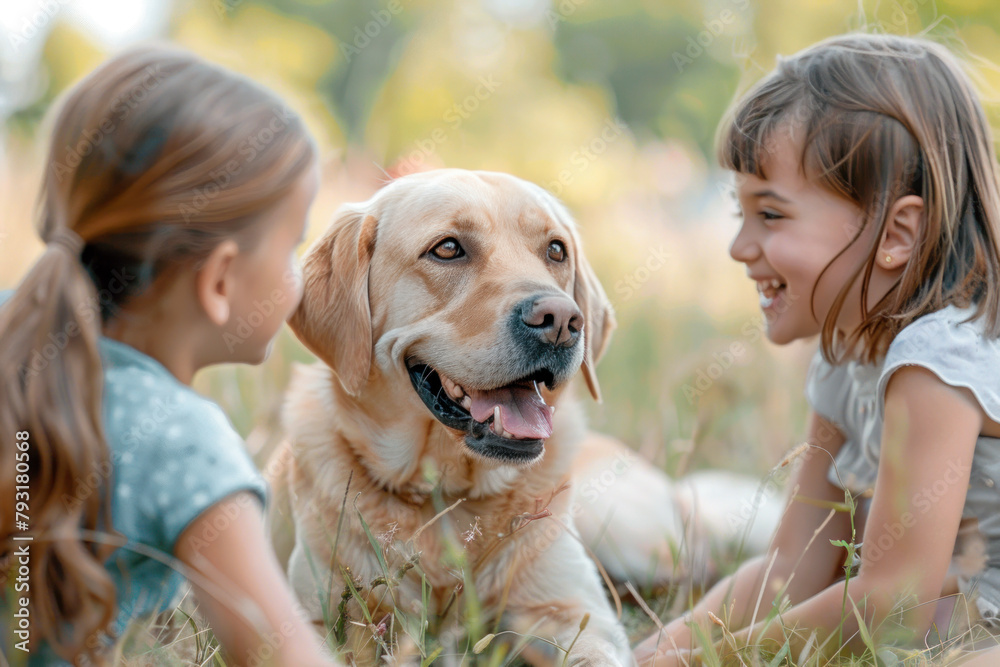 Little children, two sisters play with a golden labrador dog lying on the lawn. Family lifestyle, positive emotions of children, fun games with a pet on summer vacation