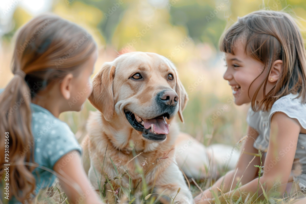 Little children, two sisters play with a golden labrador dog lying on the lawn. Family lifestyle, positive emotions of children, fun games with a pet on summer vacation Little children, two sisters play with a golden labrador dog lying on the lawn. Family lifestyle, positive emotions of children, fun games with a pet on summer vacation