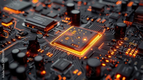 This is an image of a computer circuit board with a glowing orange CPU.