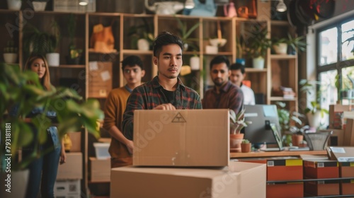 Focused male employee carrying cardboard box in a creative office. photo