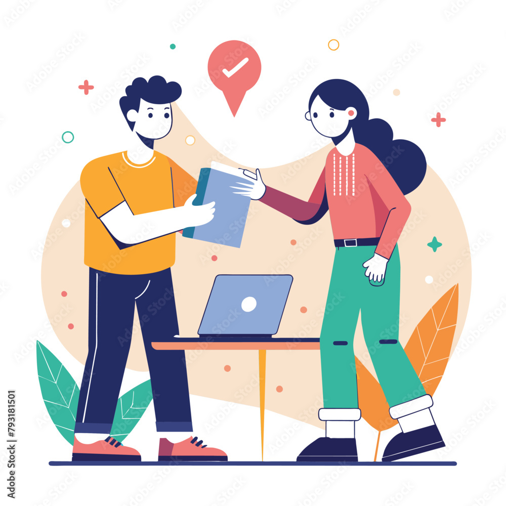 A man and a woman are seen exchanging something on a laptop screen in a minimalist workspace, Help work partners, Simple and minimalist flat Vector Illustration