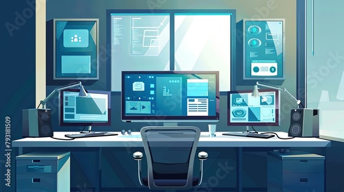 Creative office workspace with multiple computer screens displaying graphic design work.