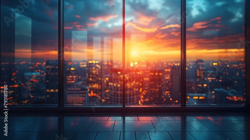 Beautiful view of the city landscape from an empty office space with a panoramic window at sunset