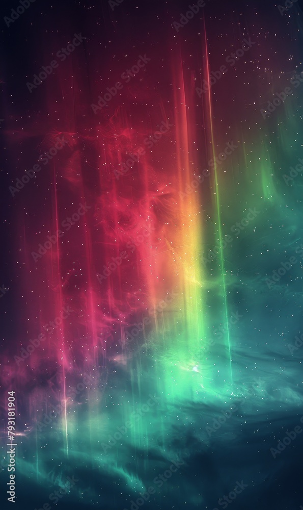 Vibrant rainbow streaks with a starry particle effect on a dark backdrop.