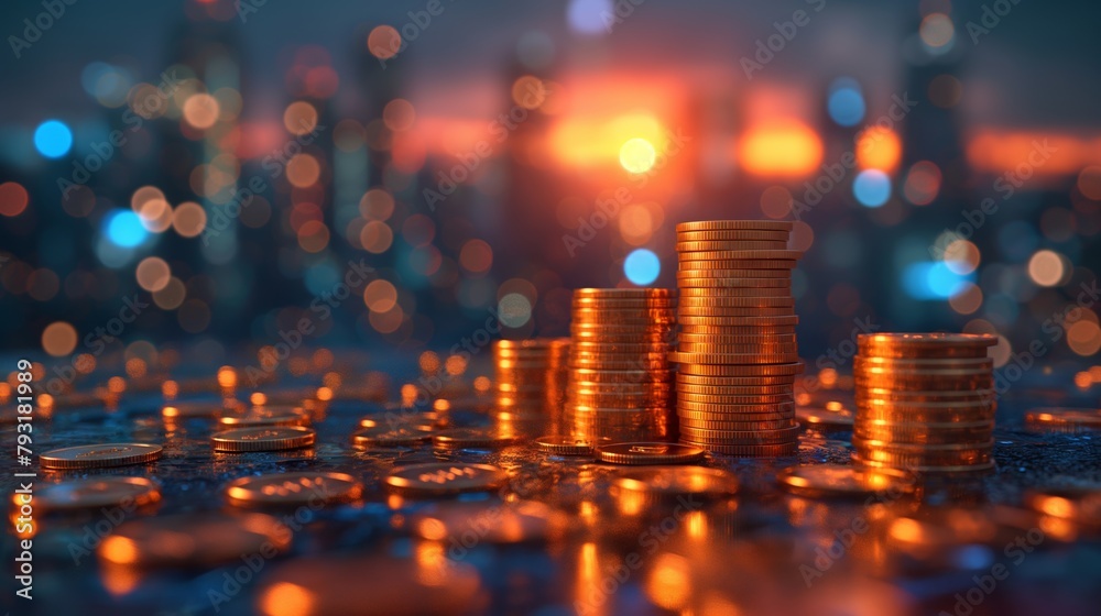 Gold coins on the table against the background of the city, the concept of business and finance, money, abundance and wealth Gold coins on the table against the background of the city, the concept of business and finance, money, abundance and wealth