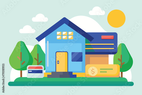 House With Credit Card, Home sales presentation by credit card trending, Simple and minimalist flat Vector Illustration