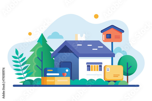 A house sits surrounded by numerous boxes and trees in this scene, Home sales presentation by credit card trending, Simple and minimalist flat Vector Illustration