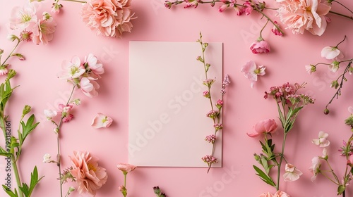 Capture the charm of spring with this stationery mockup featuring a square card adorned with flowers beautifully captured in a flat lay shot Perfect for a spring wedding invitation or a fes