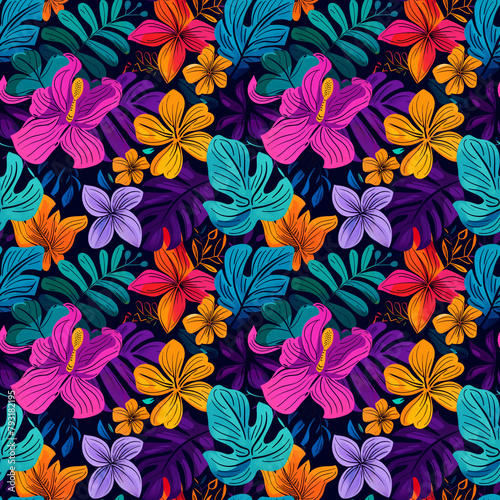 Seamless Pattern with Doodle Colorful Flowers and Foliage on Dark Background. Textile Design  Wrapping Paper  Stationery Background  Creative Projects