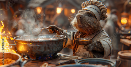   A dog wearing a chef's ensemble stirs a pot of food with a ladle on the table photo