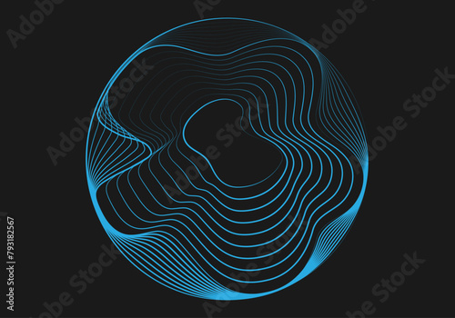 Fondo de malla circular y deformada de neón azul en fondo negro.