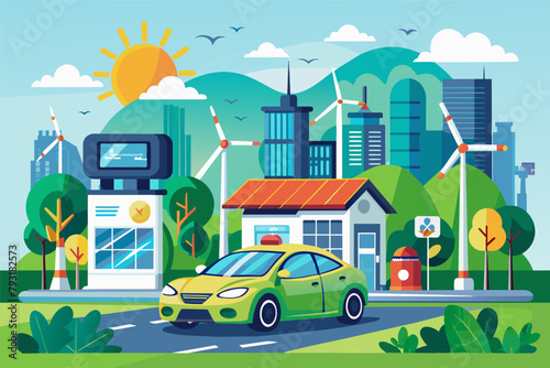 A bustling electric vehicle charging station powered by renewable energy, symbolizing clean transportation solutions.