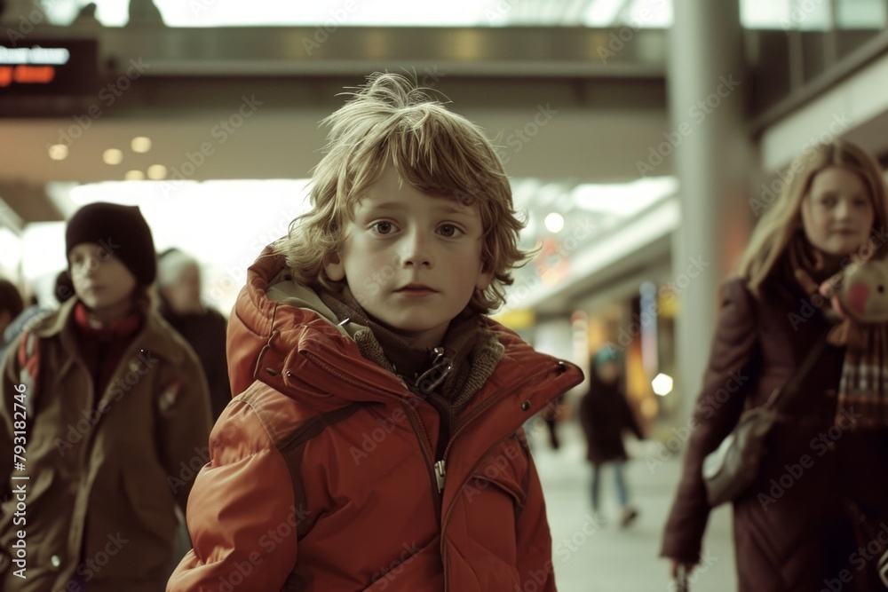 Portrait of a cute little boy at the train station in winter Portrait of a cute little boy at the train station in winter