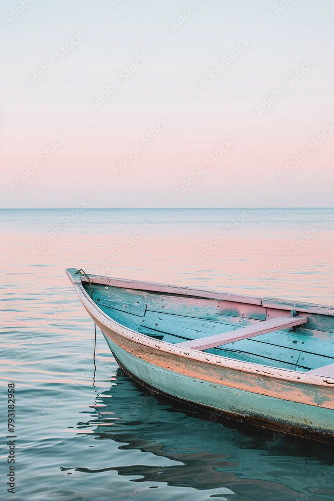Boat standing on the ocean water. Blue and pink tones colors of water. Sea and Ocean Poster.