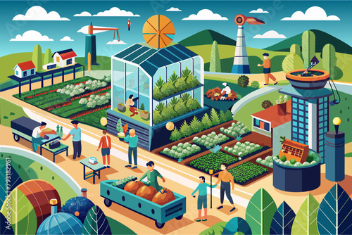 A bustling farm utilizing vertical farming techniques, showcasing innovative solutions for food production.