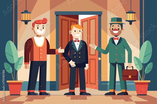 Three Men Standing in Front of a Door, hotel service concept of smiling doormen welcoming guests, Simple and minimalist flat Vector Illustration photo