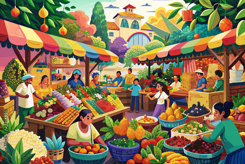 A bustling marketplace overflowing with colorful fruits, vegetables, and spices.