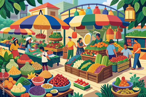 A bustling marketplace overflowing with colorful fruits, vegetables, and spices.