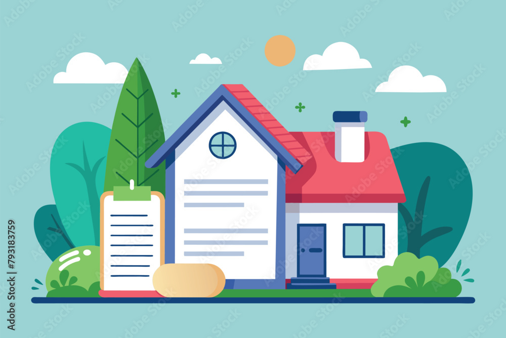 A house with a document placed in front, symbolizing a real estate transaction or property ownership, House contract concept, Simple and minimalist flat Vector Illustration