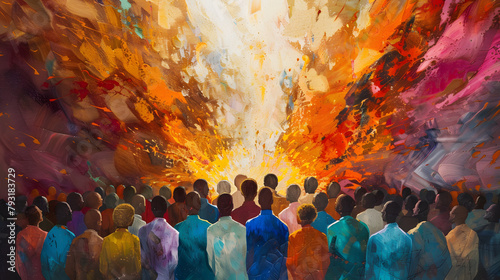Pentecost shown with tongues of fire descending on a diverse group of people gathered in unity, with copy space