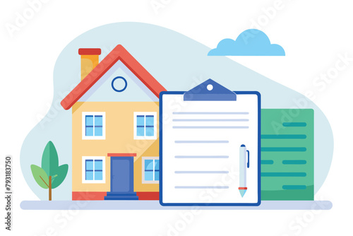 A house with a clipboard placed next to it, symbolizing property inspection or maintenance, house contract, Simple and minimalist flat Vector Illustration