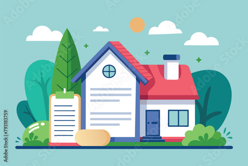 A house with a document placed in front, symbolizing a real estate transaction or property ownership, House contract concept, Simple and minimalist flat Vector Illustration