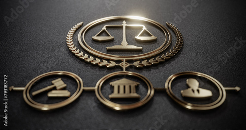 Golden Scales of Justice and Legal Icons: symbolizing Law and Order. Legal System concept © Sikov