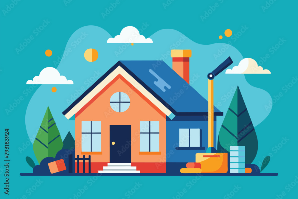 A house undergoing renovation with a crane in front of it for construction purposes, House renovation concept, Simple and minimalist flat Vector Illustration