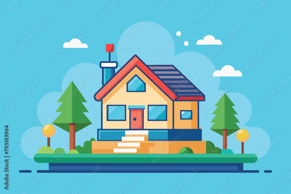 A house stands against a backdrop of trees and clouds in the sky, House renovation platform, Simple and minimalist flat Vector Illustration