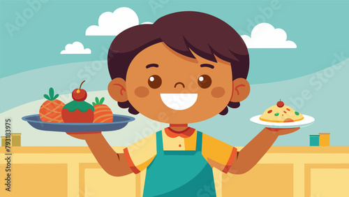 A smiling child presents a unique dish inspired by their cultural background at the first successful recipe cookoff hosted by a local community