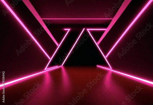  Triangle tunnel or corridor sepia colors neon glowing lights. Laser lines and LED technology create glow in dark room. Cyber club neon light stage room created with generative ai.