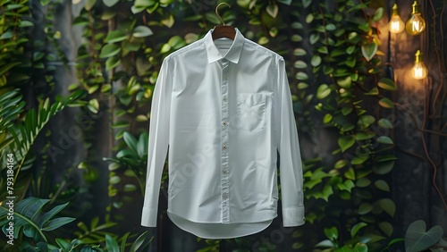 White Shirt Mockup with Nature Decor on Dark Background. Concept White Shirt Mockup, Nature Decor, Dark Background