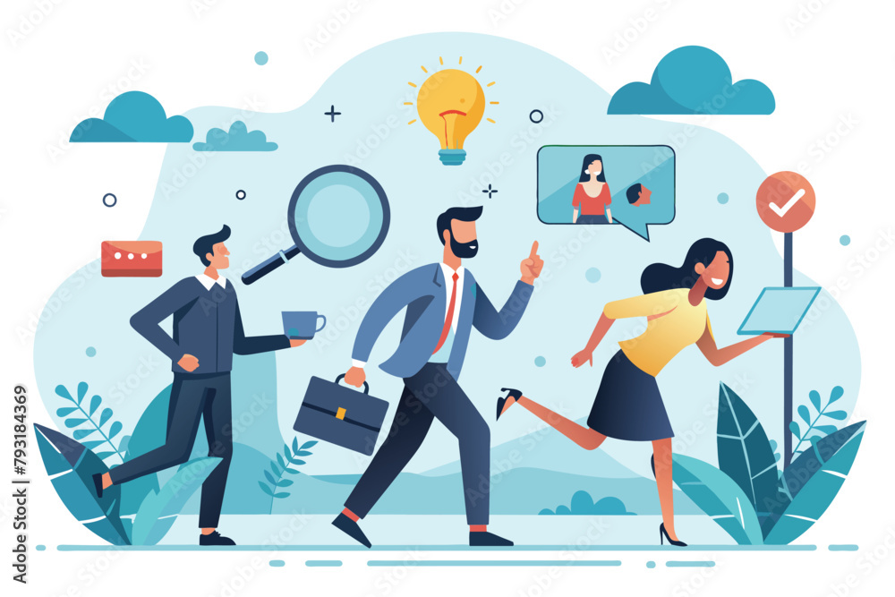 Group of People Examining With a Magnifying Glass, hr team looking for outsource employees concept, Simple and minimalist flat Vector Illustration