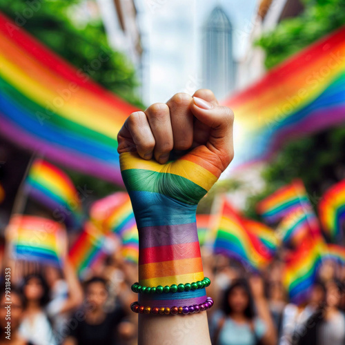 Raised rainbow fist of a woman for PRIDE month. Pride day for sexuality freedom, love diversity celebration and the fight for human rights 3dillustration created with generative ai.