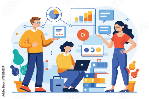 Diverse group of individuals standing around a laptop, discussing and analyzing data for a project, humans are thinking about how to process data, Simple and minimalist flat Vector Illustration