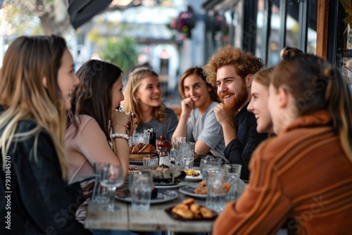 Group of young people having dinner together in a restaurant or cafe.