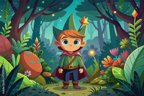 A cartoon character in a magical forest