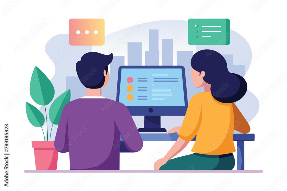 Obraz premium A man and woman are focused, sitting at a desk, looking at a computer screen together, illustration of a man and woman looking at a computer screen, Simple and minimalist flat Vector Illustration