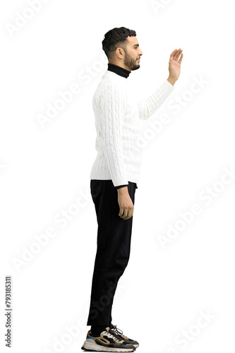 A man, full-length, on a white background, waving his hand