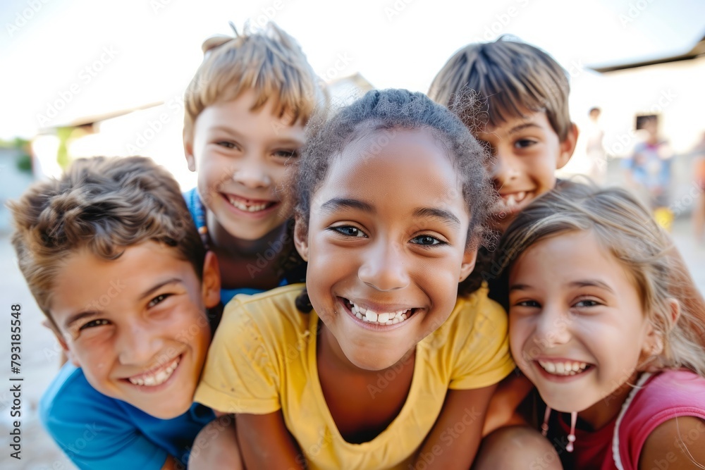 Close up portrait of group of happy children looking at camera and smiling
