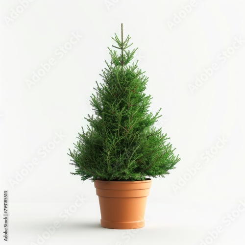 3d small Christmas tree in a flowerpot with space for text on a white background.