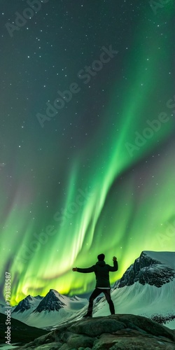 starry night sky in Norway, with a green glow beginning to illuminate the sky. person gazing in wonder Northern Lights above, creating magical colorful patterns photo
