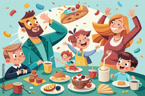 A chaotic yet comical scene of a family breakfast, food flying and laughter filling the air.